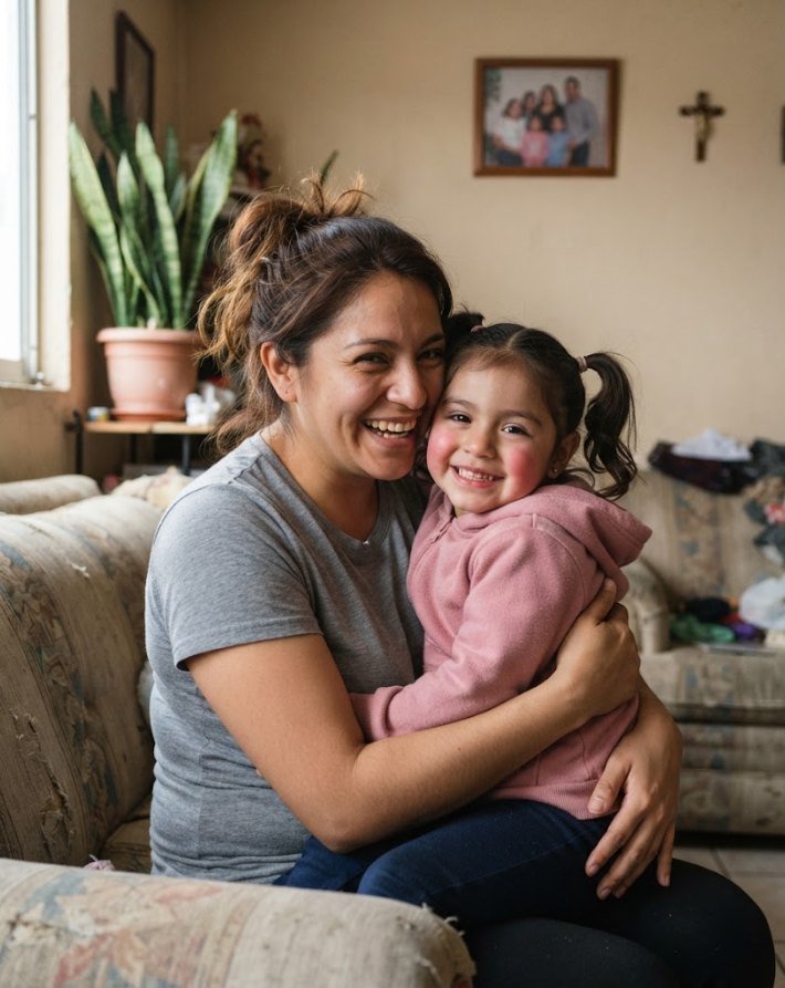 Foto normal de mamá e hija en la sala de su casa