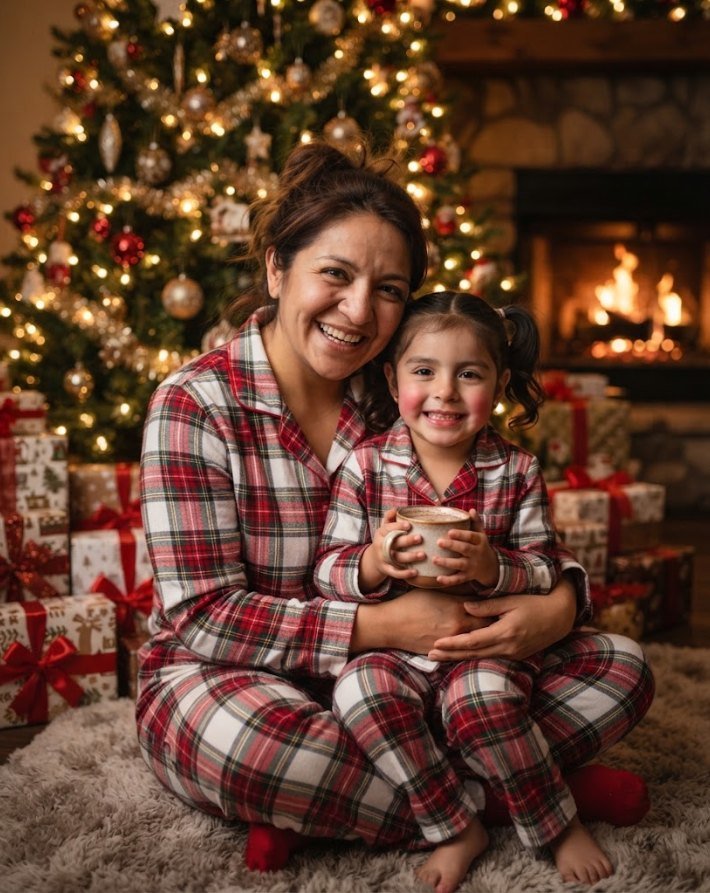 Las mismas mamá e hija en una sesión navideña con pijamas frente al árbol