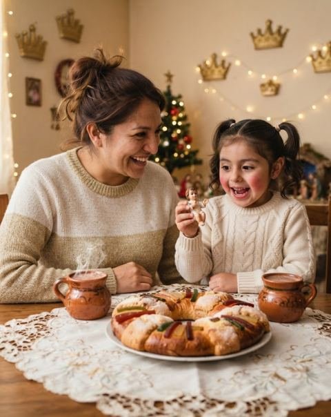 Mamá e hija con rosca de reyes